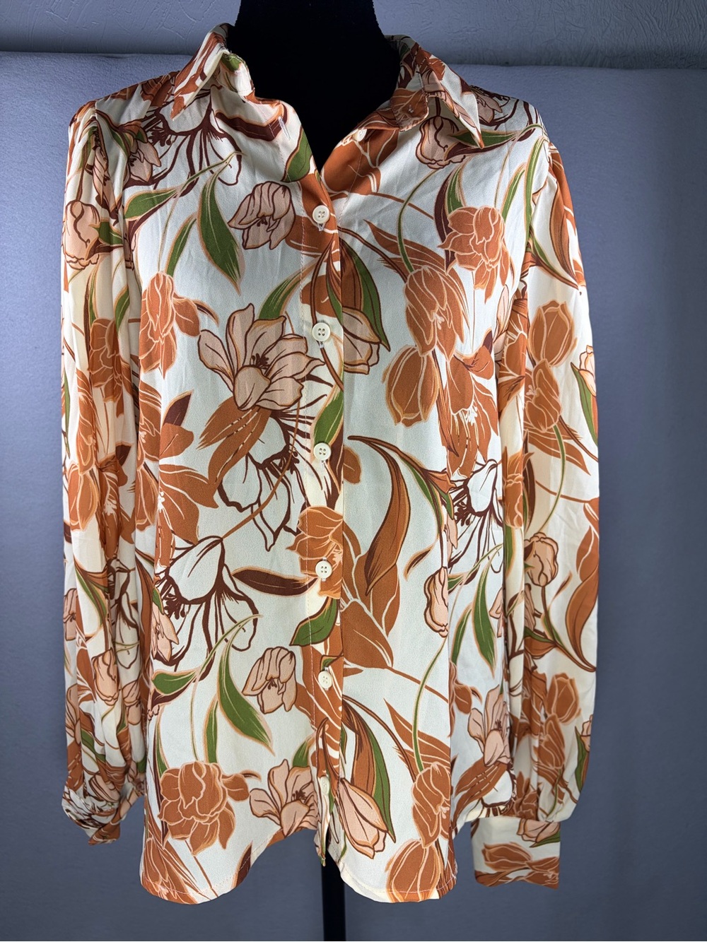 Flying Tomato Cream Button-Down Shirt with Brown & Green Floral Print